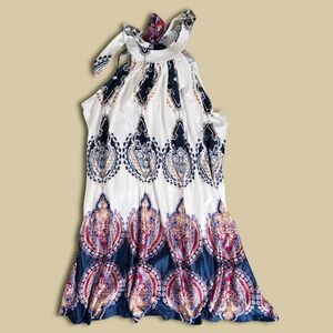 Flowy Patterned Sleeveless Shift Mini Dress With Tie Neck